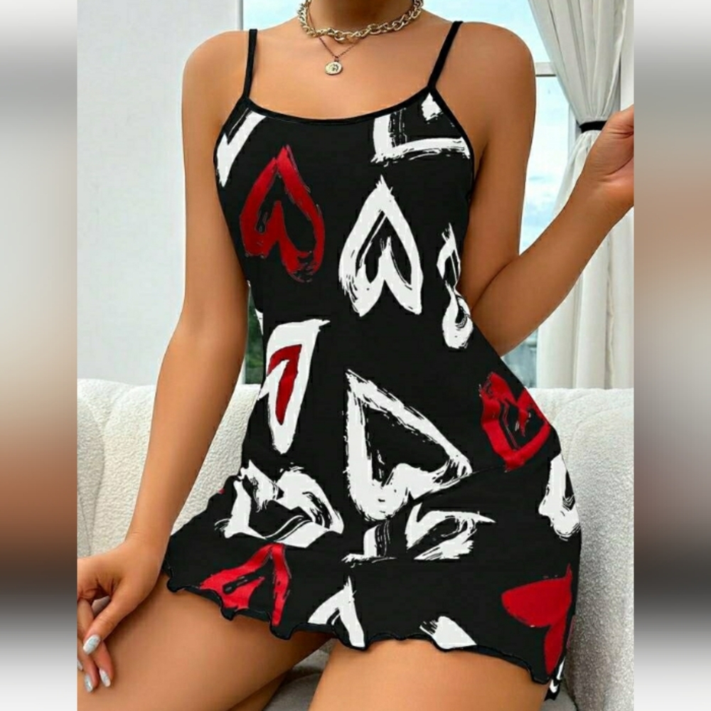 🖤♥️🤍SHEIN Women's Black and Red Heart Print Chemise